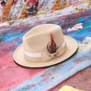 MONTIQUE MENS BEIGE 2 1/2" BRIM 2 TONE FEDORA HAT W GROSGRAIN BAND & FEATHER H91